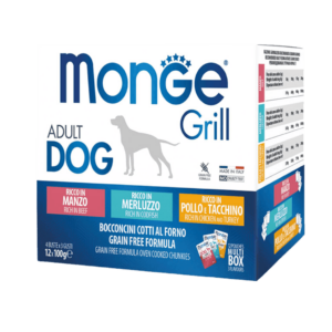 Confezione multipack Monge Grill con bustine al manzo merluzzo e pollo e tacchino