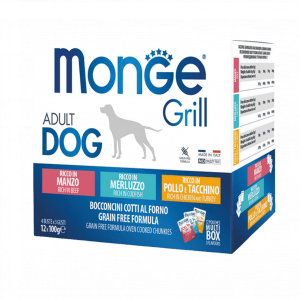 Monge Grill Adult multipack 12x100 gr Merluzzo-Manzo-Pollo e tacchino, monge dog grill, monge umido vari gusti,