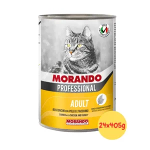 Confezione da 24 lattine di bocconcini Morando Professional pollo e tacchino per gatti.