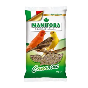 Confezione da 1kg di mangime Manitoba Canarini T1 Biscuit con illustrazioni di canarini colorati.