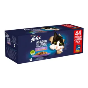 Gatto bianco e nero Felix con confezione Purina Felix Le Ghiottonerie Multipack 44 bustine