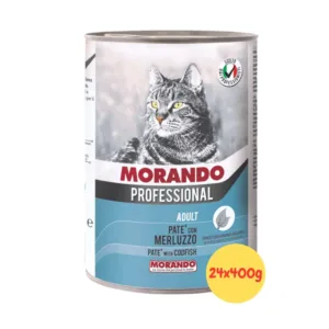 Confezione da ventiquattro lattine di patè Morando Professional al merluzzo per gatti.