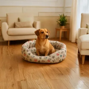 Cuccia tonda Cup Dogs con disegni di cani colorati e bordo imbottito