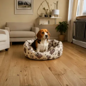 Cuccia tonda Woof color panna con stampe marroni e cane Beagle