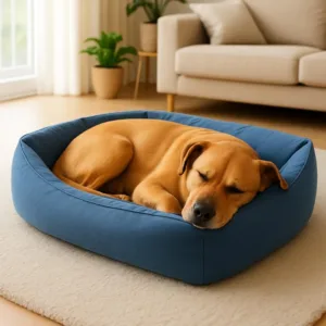 cuccia interno cani soft haven blu con bordi rialzati e cuscino