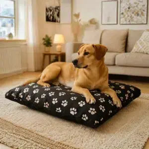 cuscino da interno cani gatti footprints nero con zampette bianche