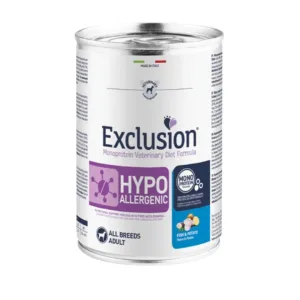 Exclusion Hypoallergenic Lattine Umido Cane con Pesce e Patate confezione dietetica monoproteica.
