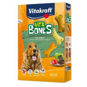 Confezione di biscotti Vita Bones Vitakraft con verdure e un Golden Retriever