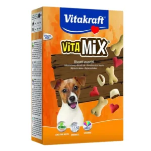 Confezione Vitakraft VitaMix con tre tipi di biscotti e un cane Jack Russell