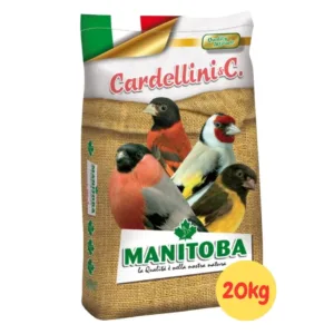 Sacco da 20kg di mangime Manitoba Miscuglio Cardellino con immagini di fringillidi.