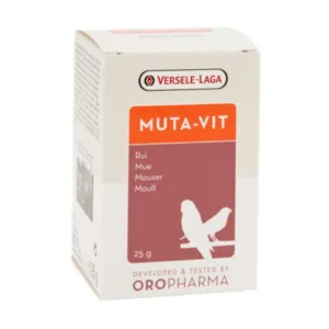 Barattolo Versele-Laga Oropharma Muta-Vit 25g su sfondo bianco e grigio