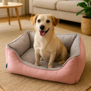 Cuccia rettangolare rosa e grigia per cani in tessuto morbido