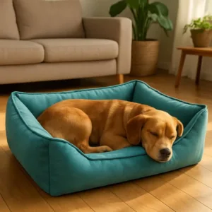 Cuccia morbida per cani color acquamarina con texture vellutata e bordi alti
