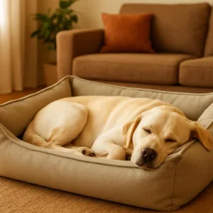 Cane labrador che riposa in una cuccia rettangolare beige con bordi imbottiti