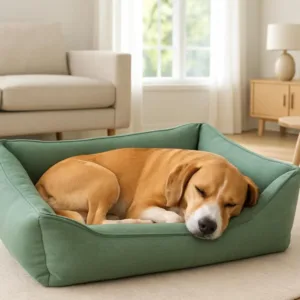 Cuccia per cani rettangolare verde salvia con imbottitura morbida e ingresso basso