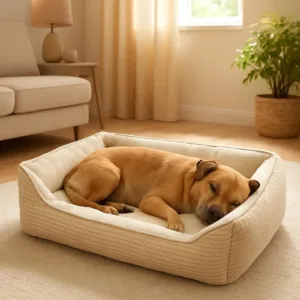 Cuccia beige per cani in velluto con texture a coste esterna e interno liscio