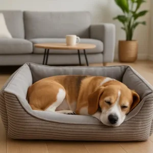 Cuccia rettangolare per cani color grigio in tessuto velluto con bordi rialzati
