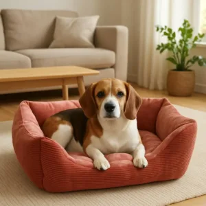 Cuccia per cani rettangolare color ruggine in velluto a coste con cuscino interno