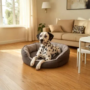 Cuccia tonda per cani in velluto grigio scuro e grigio chiaro