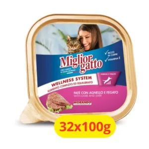 Vaschetta MigliorGatto Wellness System Paté con agnello e fegato su fondo bianco