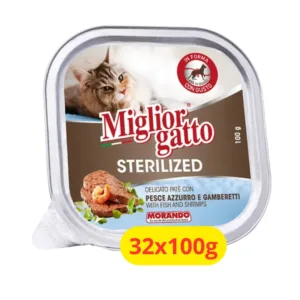 Vassoio di paté Migliorgatto Sterilized con pesce azzurro e gamberetti per gatti