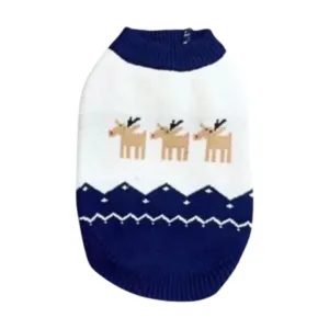 maglione natale cane renne blu navy e bianco con tre renne ricamate