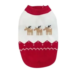 Maglione natale cane renne rosso con decorazioni bianche e fiocchi neve