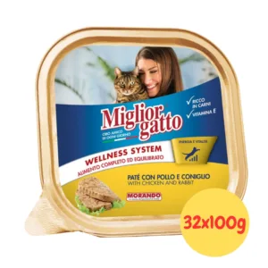 Vaschetta MigliorGatto Patè con Pollo e Coniglio su sfondo blu e giallo