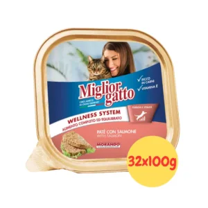 MigliorGatto Umido Vaschette Patè con salmone confezione multipack da 32 pezzi