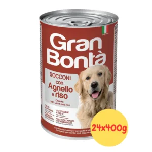 Dettaglio lattine Gran Bontà con immagine di agnello e riso per cani