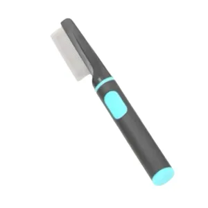 Pettine grigio e azzurro con denti stretti metallici per gatti