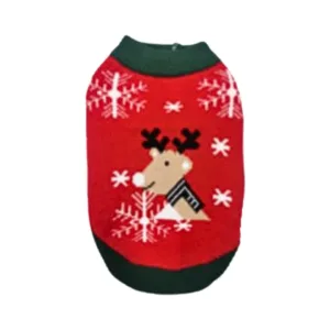 pullover natalizio cane renna rosso con collo verde e fiocchi di neve