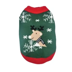 pullover natalizio cane renna verde con decorazioni di fiocchi di neve bianchi