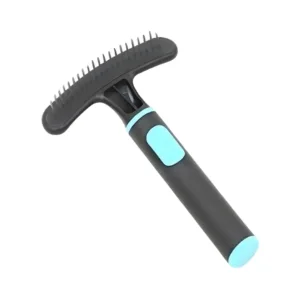 Rastrello per cani con denti metallici lunghi e manico ergonomico grigio azzurro
