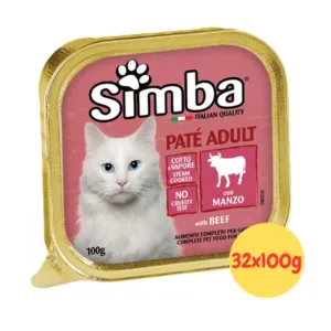 Simba gatto patè manzo 32x100g vaschetta con gatto a pelo lungo