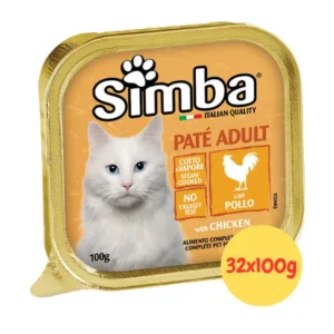 Simba gatto patè pollo 32x100g vaschetta dorata con gatto bianco