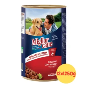 Confezione di 12 lattine MigliorCane Adult bocconi con manzo da 1250 grammi