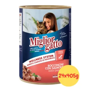 Cassa da 24 lattine di MigliorGatto Bocconcini con Salmone per gatti adulti