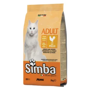Confezione Simba Adult Gatto al Pollo da 2kg con immagine di gatto bianco
