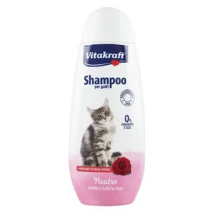 Flacone bianco di shampoo Vitakraft per gatti con immagine di gattino e rosa