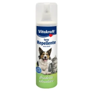 Spray repellente Vitakraft bianco con indicazione NO GAS ed immagini pet