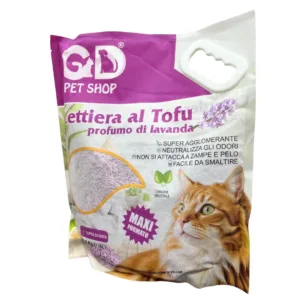 Sacco lettiera tofu lavanda con granuli viola e fiori di lavanda