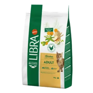 Crocchette Gatti Pollo Libra Mediterranean Balance confezione 10kg con gatto tigrato