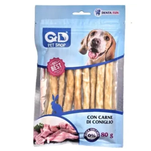 Busta azzurra bastoncini masticabili per cani gusto coniglio Denta Fun