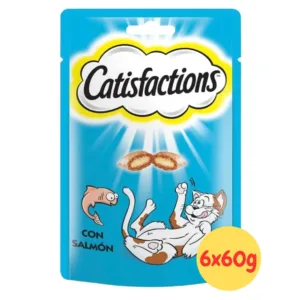 Premio Catisfactions gatti snack al salmone busta blu con gatto disegnato