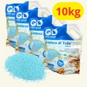 Confezioni di lettiera vegetale al tofu per gatti con profumazione al talco naturale.