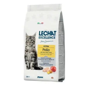 Sacco di crocchette Lechat Excellence con gattino grigio e crocchette visibili