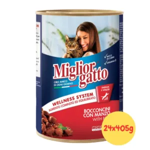 Lattine di MigliorGatto bocconcini al manzo per gatti adulti in confezione