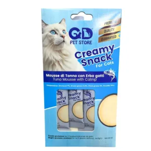 Confezione snack cremoso al tonno e erba gatta con immagine di gatto bianco