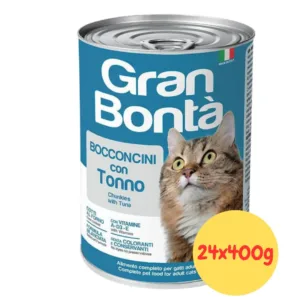 24 lattine di Gran Bontà Gatto Tonno Bocconcini con gatto soriano sulla confezione